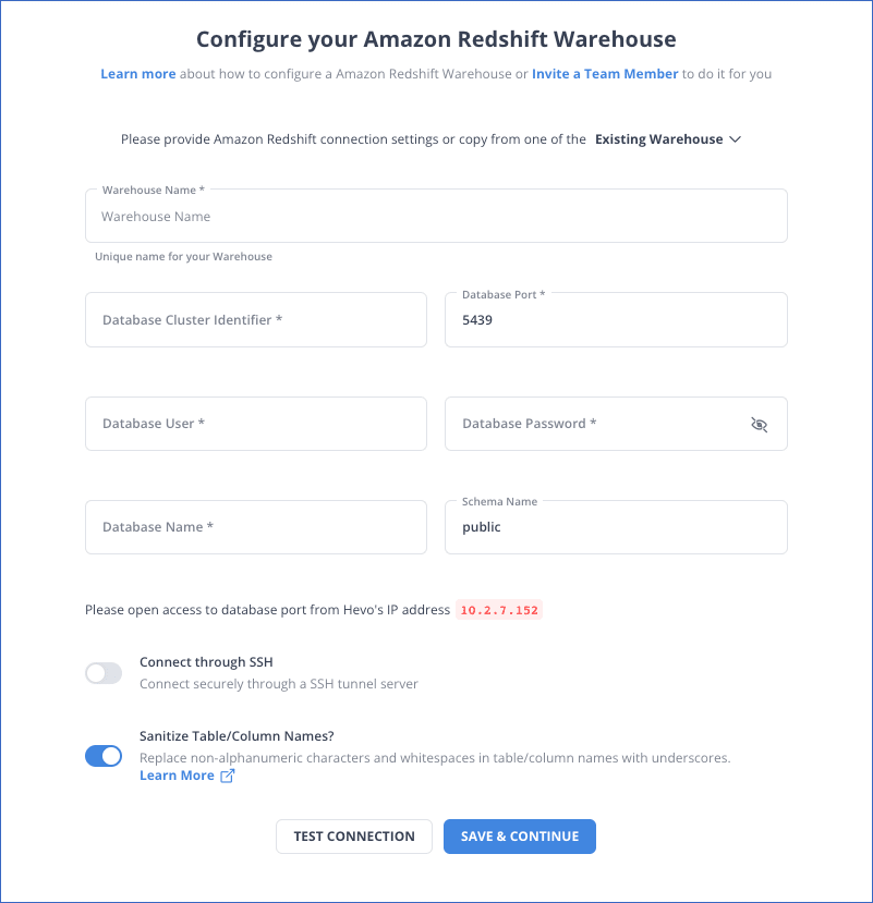 DynamoDb to Redshift: Configure Destination